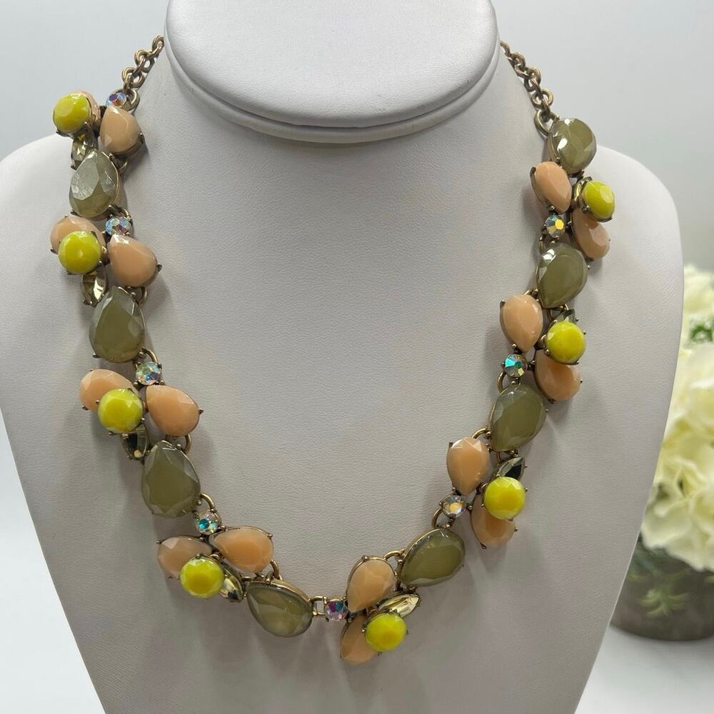 J. Crew Jewel and Rhinestone Brûlée Peach, Green, Yellow Statement Necklace